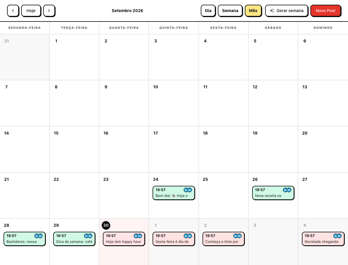 Calendário de conteúdo do Postoou, com posts programados para o Café Raiz